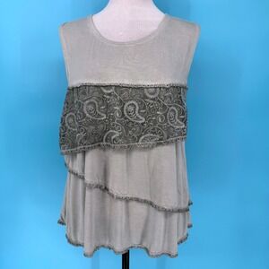 POL Women Sleeveless Tiered Lace Top Sage Green Paisley Crochet Lace Up SMT227 L